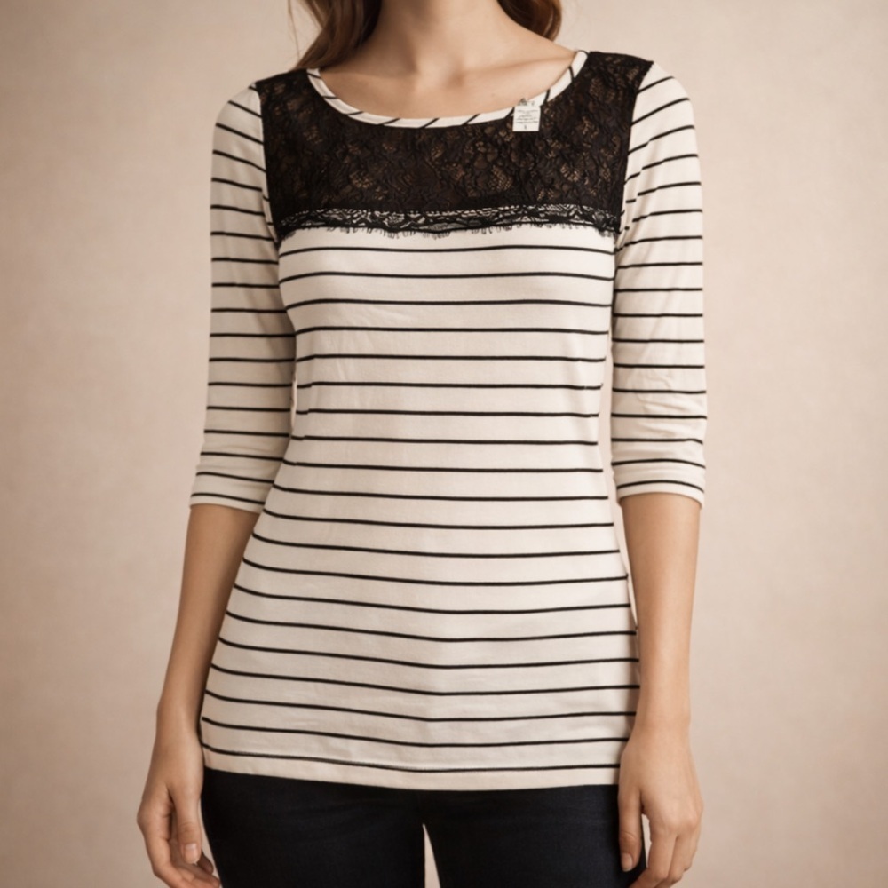 Bar III Black White Striped Lace Yoke Top Size L Stretch Chic Blouse